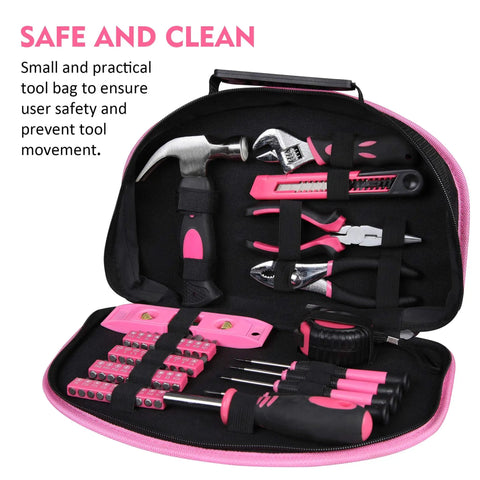 Pink 52 Piece Hand Tool Set With Easy Carry Round Pouch For DIY Home Repairs And Everyday Projects Durable Beginner And Weekend Warrior Home Improvement Kit open to show tools.