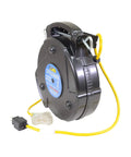 Heavy Duty Retractable Extension Cord Reel With Triple Tap Outlet Seventy Five Foot Site Ready Power Hub, black housing with yellow cord.
