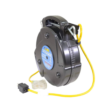 Heavy Duty Retractable Extension Cord Reel With Triple Tap Outlet Seventy Five Foot Site Ready Power Hub, black housing with yellow cord.