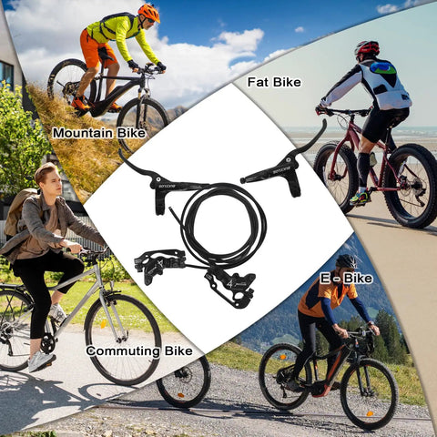 Four Piston Hydraulic Disc Brake Set for Mountain Bikes and Ebikes Front Left 850mm and Rear Right 1630mm with bikes.