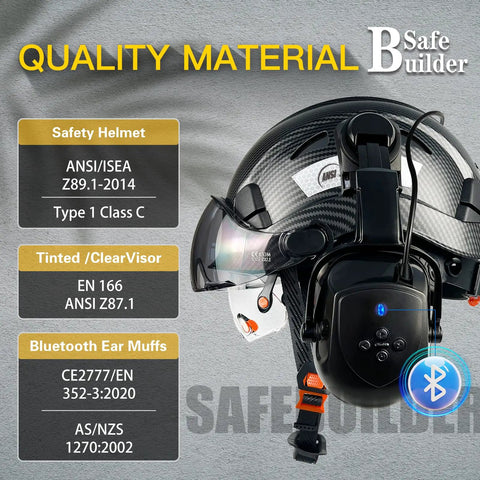 All In One Safety Helmet With Visor And Bluetooth Ear Muffs, vented hard hat, shown with clear visor and earmuffs