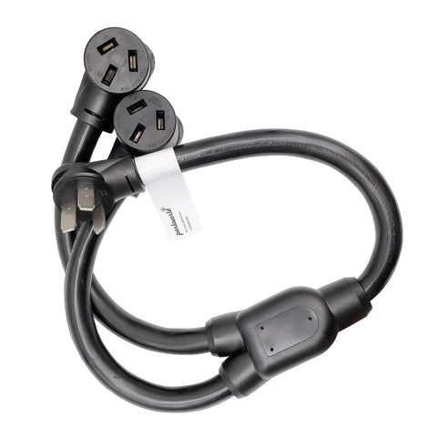 Heavy Duty NEMA 10 50 Range Splitter Cord 6 AWG Copper 240V 3 Foot Extension Industrial Grade From 10 50P Male Plug To Dual 10 50R Female Receptacles For Electric Range And High Amp Power Use, coiled view showing connectors and split design