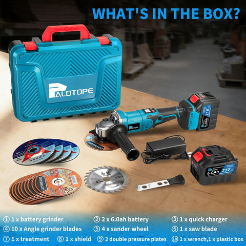 Cordless 5 Inch Angle Grinder Kit With 2x6.0Ah Batteries 125mm 10000 RPM Brushless Motor set with accessories and case