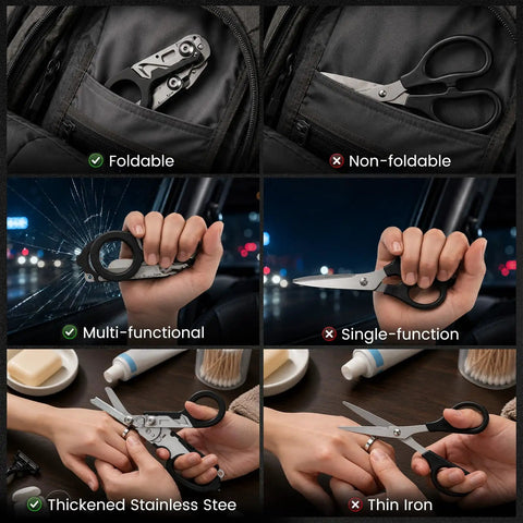 Six In One Folding Trauma Shears For EMTs And First Responders Pocket Size Rescue Scissors With Seatbelt Cutter Oxygen Wrench Window Breaker Tweezers And Ring Cutter Rustproof Stainless Steel Black, foldable black tool
