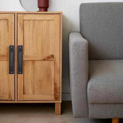 2 Pack Sliding Door Pull Handles Black Matte Aluminum on Wooden Cabinet in Living Room
