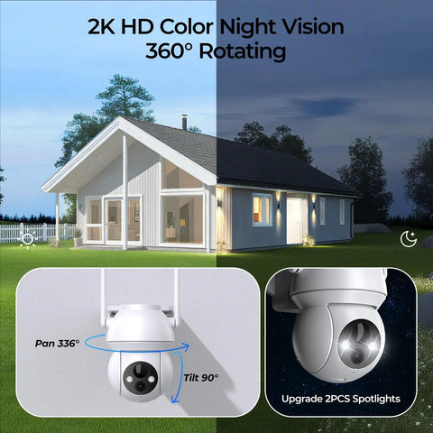 Wireless Outdoor Security Camera System With 2K Color Night Vision 360 Degree Panoramic View showing rotation and angles