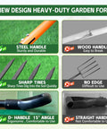 Infographic comparing heavy duty garden fork features: steel handle vs. wood, sharp tines vs. no edge, D handle vs. straight handle.