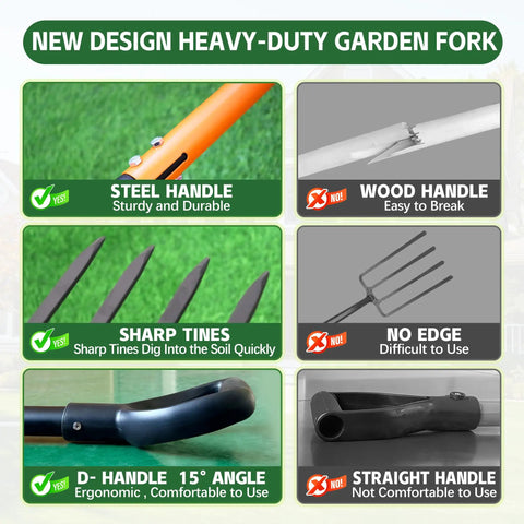 Infographic comparing heavy duty garden fork features: steel handle vs. wood, sharp tines vs. no edge, D handle vs. straight handle.