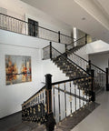 Hella Durable Adjustable Aluminum Balusters And Stair Spindles Set Of 8, showing elegant black and gold stair railing in modern interior.
