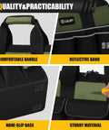 Close-up of Heavy Duty Tool Bag 15 Inch With 16 Pocket Portable Tool Box Organizer, green with soft handle and durable design.