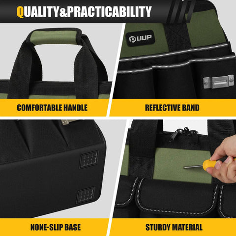 Close-up of Heavy Duty Tool Bag 15 Inch With 16 Pocket Portable Tool Box Organizer, green with soft handle and durable design.
