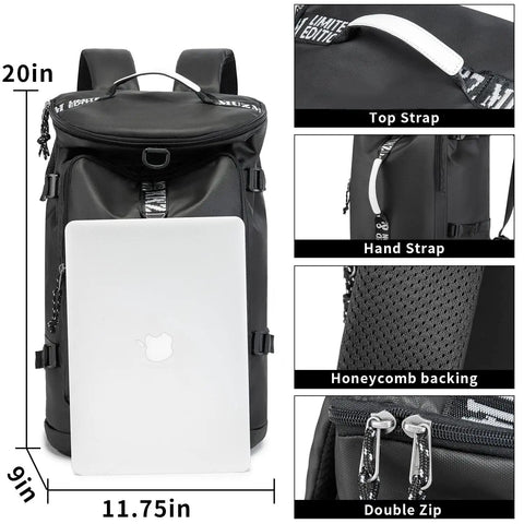 40L Waterproof Gym Duffle Bag With Convertible Design From Shoulder Bag To Cylinder Travel Case Lightweight Black Backpack detail showing top strap and double zip