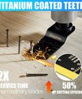 Diagtree titanium-coated oscillating multitool blade on saw cutting wood; front view, 20-piece set fits major brands
