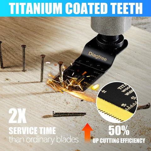 Diagtree titanium-coated oscillating multitool blade on saw cutting wood; front view, 20-piece set fits major brands