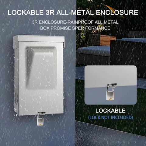 Heavy Duty 60 Amp Non Fused Disconnect Switch Box Weatherproof Nema 3R Outdoor Electrical Panel with lockable feature for safety.