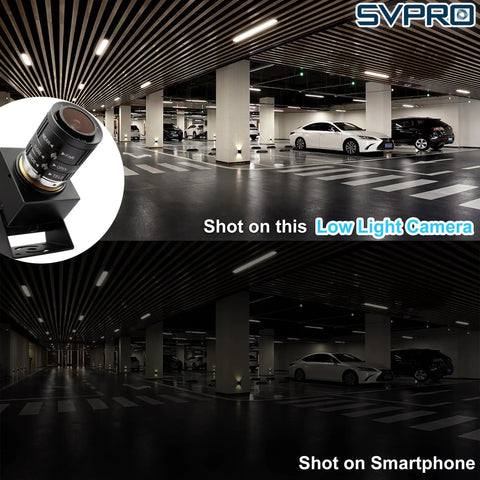 Comparison of parking garage images taken with a low light camera and a smartphone showing the camera's superior clarity.