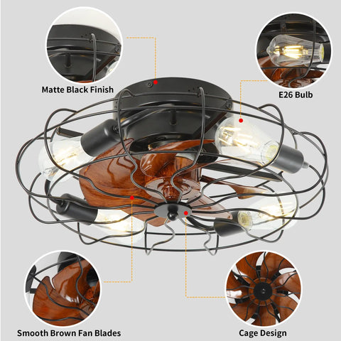 Small Mid Century Caged Ceiling Fan With Lights And Remote 20 Inch Cage Ceiling Fan With Light Matte Black and E26 Bulbs