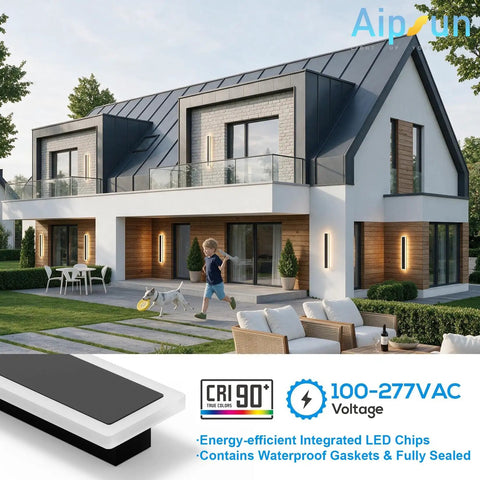 Aipsun 2 Packs Outdoor Wall Sconce, 3000K 4000K 6000K, 23.6in modern black light illuminating a contemporary home's exterior.