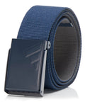 Reversible 1.5 Inch Golf Belt In Navy And Grey, 48 Inch Length, Cut To Size, Recycled Polyester With Metal Buckle And Raised Logo