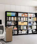 Rock Solid 5 Tier Metal Bookshelf Black Heavy Duty Industrial Bookcase 69 Inches Tall Steel Storage Shelves in home office setup.