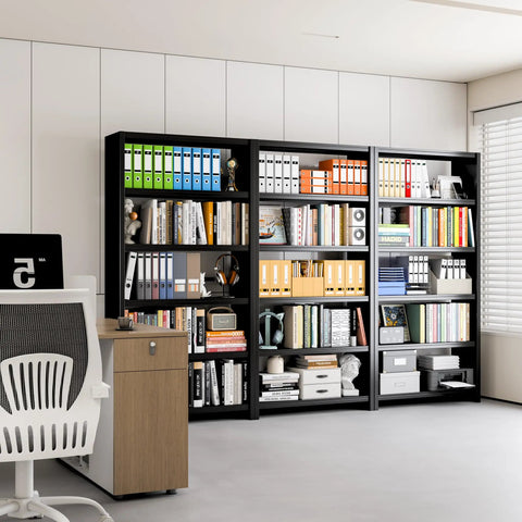 Rock Solid 5 Tier Metal Bookshelf Black Heavy Duty Industrial Bookcase 69 Inches Tall Steel Storage Shelves in home office setup.