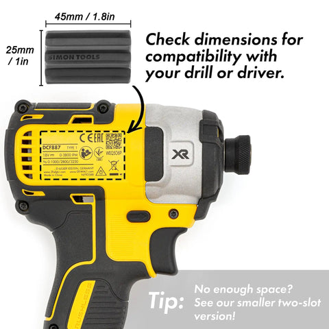 Magnetic Bit Holder For Impact Drivers And Drills, Durable Silicone Sleeve, shown with compatibility dimensions