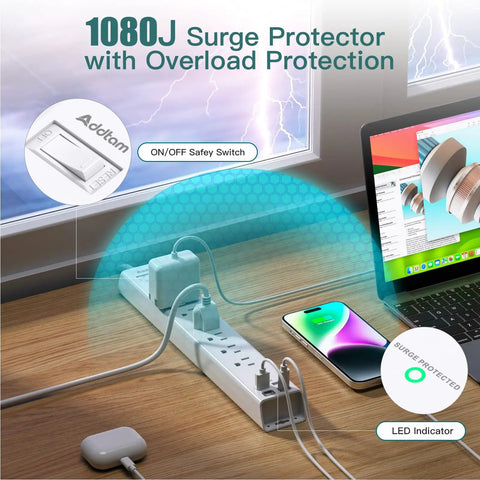 Long Reach Power Strip Surge Protector With 15ft Extension Cord For Home Office And Workshop, Extra Long Cable For Distant Outlets, Ideal For Living Rooms, Bedrooms, Desks, And Creative Setups, white 6-outlet surge strip on desk