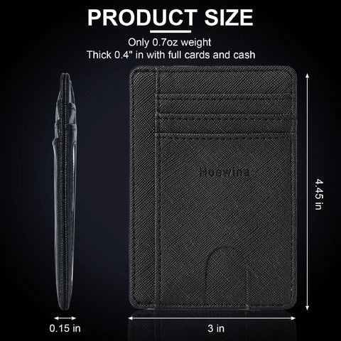 Ultra Slim Front Pocket Leather Wallet For Men And Women With RFID Blocking Tech Minimalist Card Holder Travel Ready Slim Wallet Everyday Carry Gift Idea In Cross Black, showing size and thickness in inches.