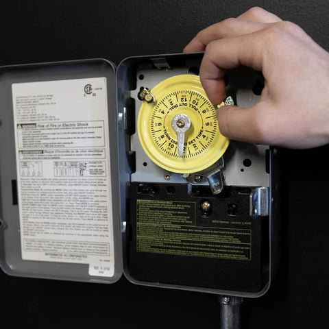 Adjusting Heavy Duty 24 Hour Mechanical Timer Switch 120 Volt SPST For Lights Pumps Fans And HVAC Indoor Metal Enclosure