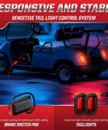 Golf cart with Deluxe 12V LED Headlight And Taillight Kit For 1993 Up Club Car DS, featuring brake pad and responsive tail light system.