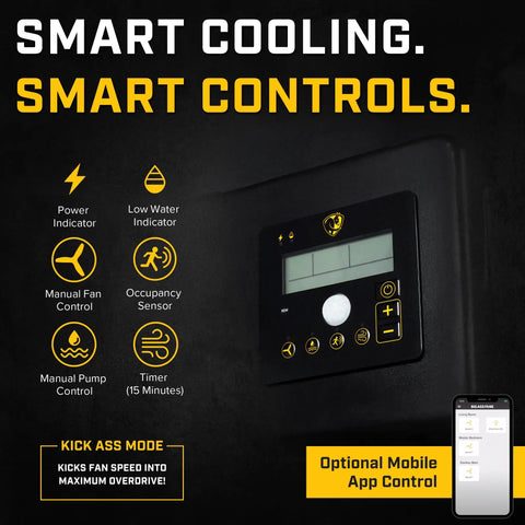 Heavy Duty Portable Evaporative Swamp Cooler With 50 Inch Fan Kicks Serious Heat In 6500 Sq Ft Garages showing smart control panel features.