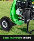 Close-up of the 3 In 1 Wood Chipper Shredder Mulcher MF30 Heavy Duty Gas Powered 7HP 212cc with engine and wheels visible.