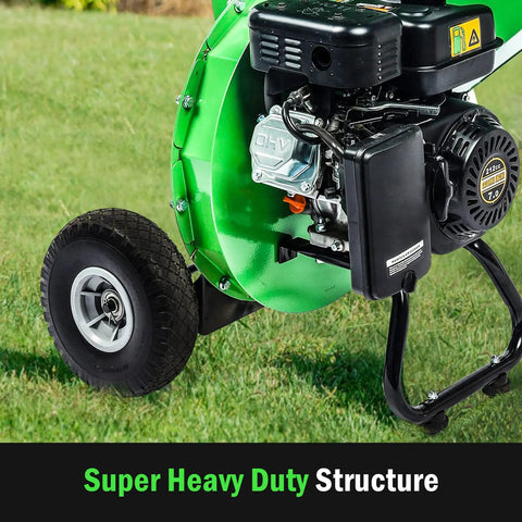 Close-up of the 3 In 1 Wood Chipper Shredder Mulcher MF30 Heavy Duty Gas Powered 7HP 212cc with engine and wheels visible.