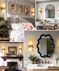 Golbasdena 13in Alabaster Wall Sconces, Gold Wall Lights Bulb Included, showcased in bedroom, dining room, fireplace, bathroom.