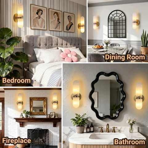 Golbasdena 13in Alabaster Wall Sconces, Gold Wall Lights Bulb Included, showcased in bedroom, dining room, fireplace, bathroom.