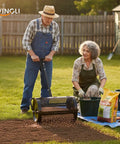 30 Inch Compost Spreader For Lawn And Garden With Adjustable Four Height T Shape Handle Peat Moss Roller In Use