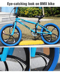 Close-up of BMX bike with 20 Inch Aluminum One Piece Bike Wheel With 5 Spoke Rim, disc brake, and Schrader valve.