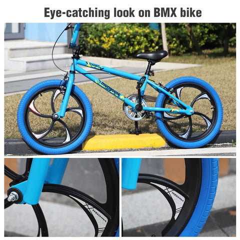 Close-up of BMX bike with 20 Inch Aluminum One Piece Bike Wheel With 5 Spoke Rim, disc brake, and Schrader valve.