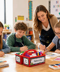 Teacher and students using 12 Pack Colorful Classroom Caddies With Three Compartments filled with markers and supplies on table.