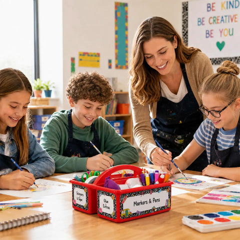 Teacher and students using 12 Pack Colorful Classroom Caddies With Three Compartments filled with markers and supplies on table.