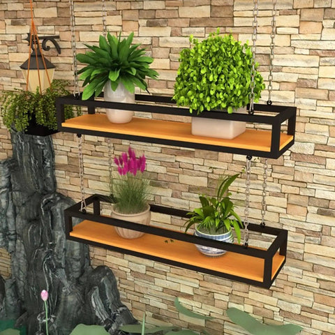 Industrial Wood And Iron Ceiling Hanging Shelf For Plants And Kitchen Storage Floating Guardrail Shelf With Heavy Duty Build Durable Overhead Rack For Bar Cellar Garage Or Restaurant Use 140x25x15 cm, installed with decor