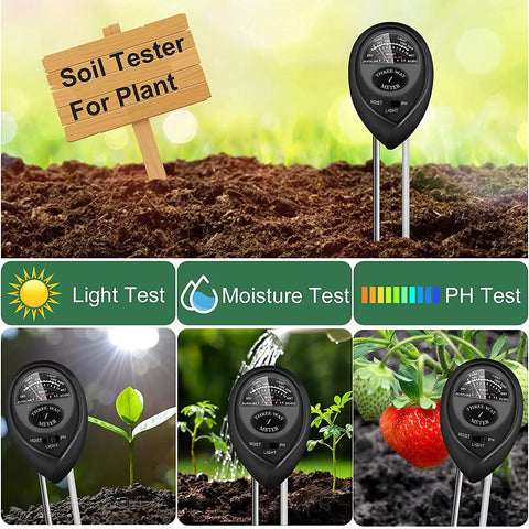 Soil Tester Plant Meter Light Tester 3 In 1 Function Soil Testing Kit in soil with light, moisture, and pH test indicators.