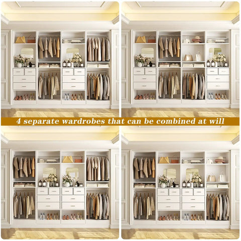 100 Inch Walk In Closet System With Deep Drawers And Sleek Mirror Panels, Wooden Wardrobe Organizer loaded with multiple compartments.