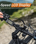 Close-up of 3-speed LCD display on 26 Inch Electric Mountain Bike With 350W Motor, 19.8 MPH Top Speed, 374.4Wh Removable Battery.