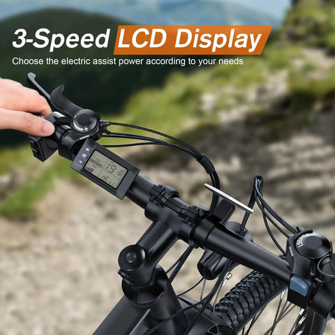 Close-up of 3-speed LCD display on 26 Inch Electric Mountain Bike With 350W Motor, 19.8 MPH Top Speed, 374.4Wh Removable Battery.