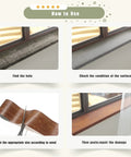 How to use Self Adhesive Wood Grain Repair Tape 2.4 X 180 In For Fixing Scratches On Tables Chairs Baseboards Doors Floors Cabinets And All Furniture DIY Makeover Dark Oak Finish shown in four steps.