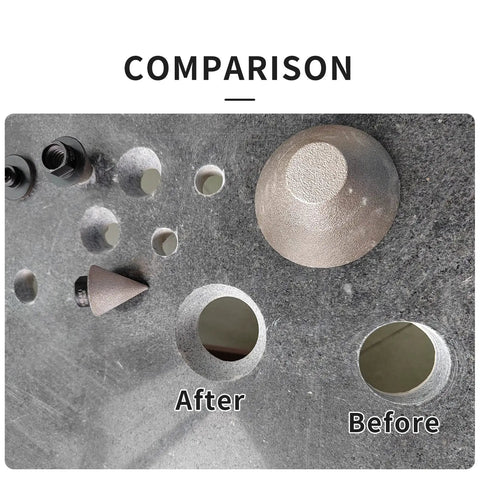 Comparison of before and after holes made with Pro Grade Diamond Beveling Chamfer Bits for Porcelain Tile and Stone Enlarge Existing Holes