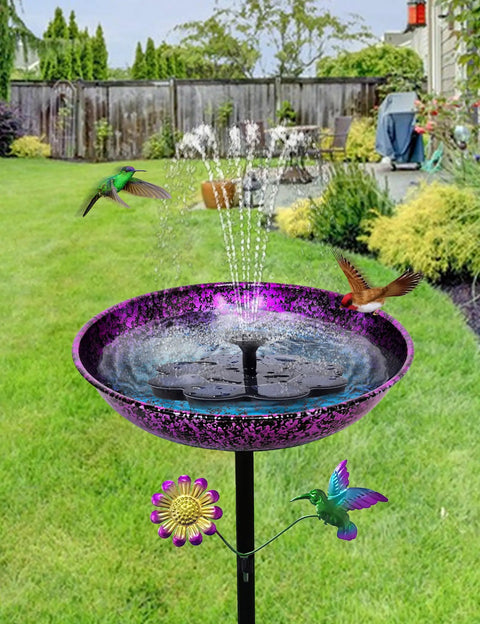 Outdoor 11 Inch Colorful Purple And Blue Metal Bird Bath Freestanding Garden Decor Hummingbird Flower Bowl Feeder in garden