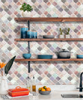 Kitchen scene with Pink Arabesque Peel And Stick Tile Backsplash 12x12 Self Adhesive Kitchen Tiles Pack Of 10 on wall