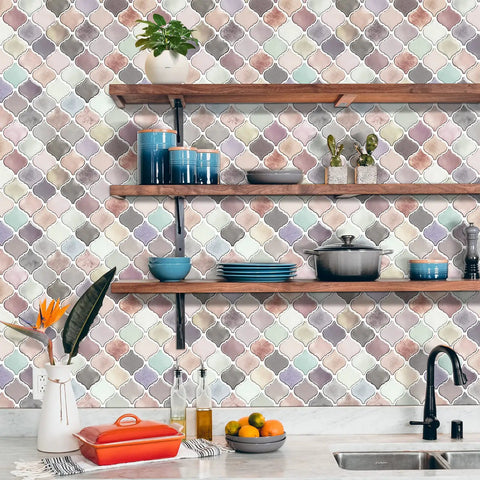Kitchen scene with Pink Arabesque Peel And Stick Tile Backsplash 12x12 Self Adhesive Kitchen Tiles Pack Of 10 on wall
